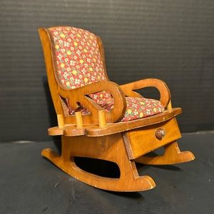 Vintage Pin Cushion Wooden Rocking Chair w/ thread & scissor holder & drawer